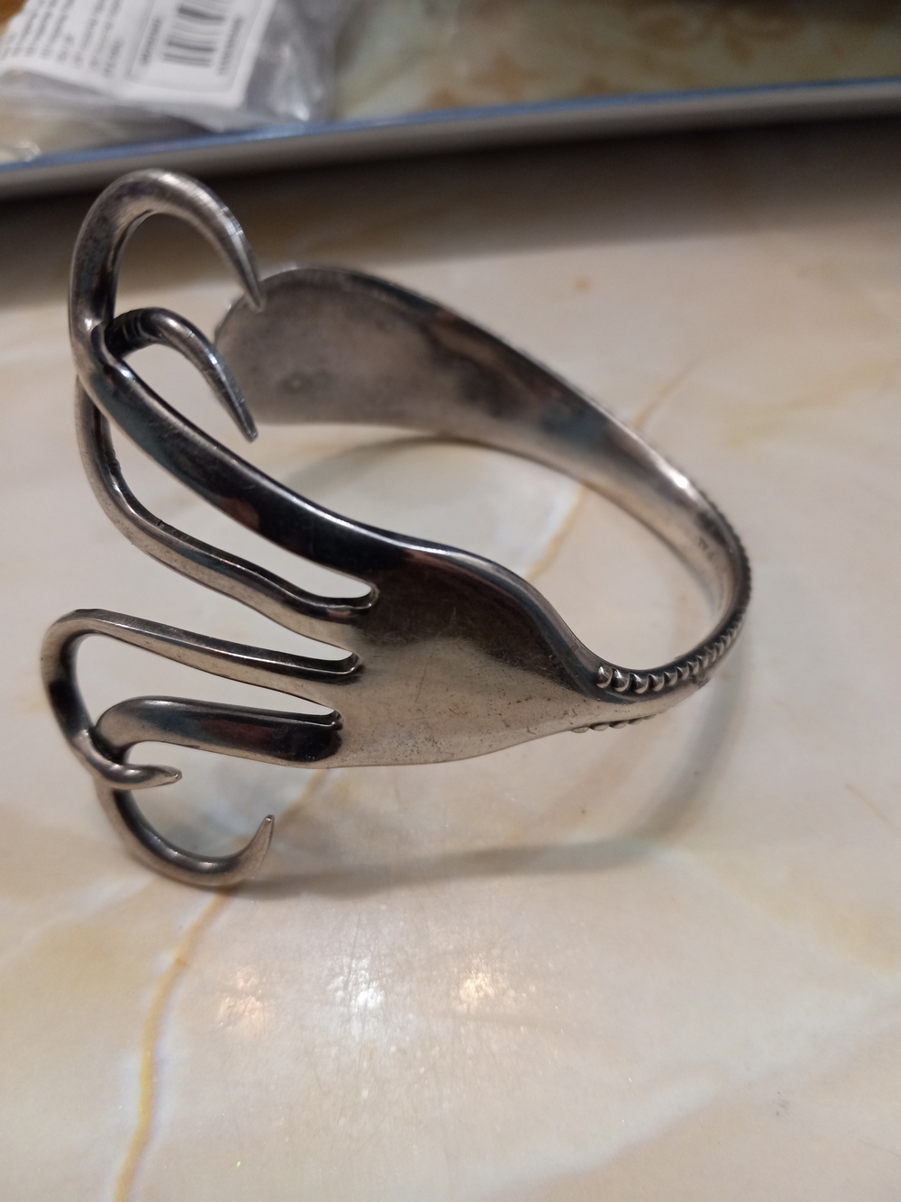 Handcrafted Upcycled Silver-Plated Fork Flatware Artisan Bangle Bracelet Cuff 3D